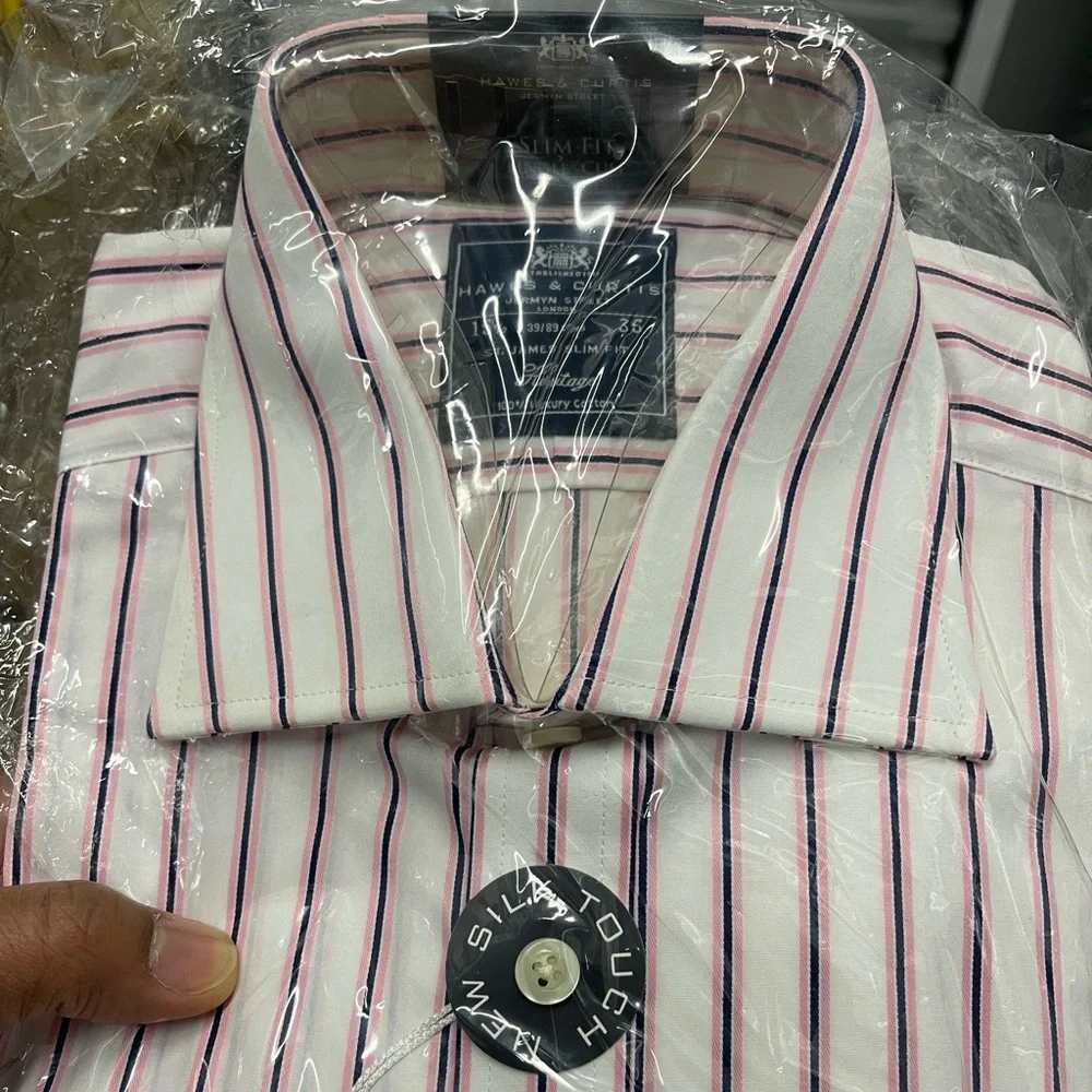 Hawes and Curtis Pink/Navy stripe dress shirt Sz 15.5 - Picture 6 of 7